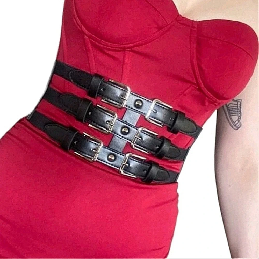 Faux leather Wide corset waist Black Belt studded Goth punk Triple buckle